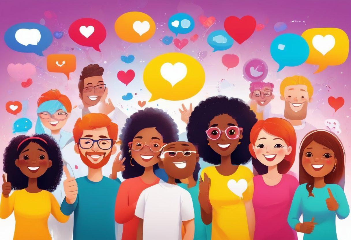 A colorful digital community scene, featuring diverse people of various cultures joyfully interacting online, surrounded by cheerful icons symbolizing connection like chat bubbles, hearts, and thumbs up. Incorporate vibrant elements such as bright colors and playful graphics to evoke a sense of happiness and belonging. The background should be uplifting and inviting, representing a nurturing online space. cartoon style. vibrant colors. white background.